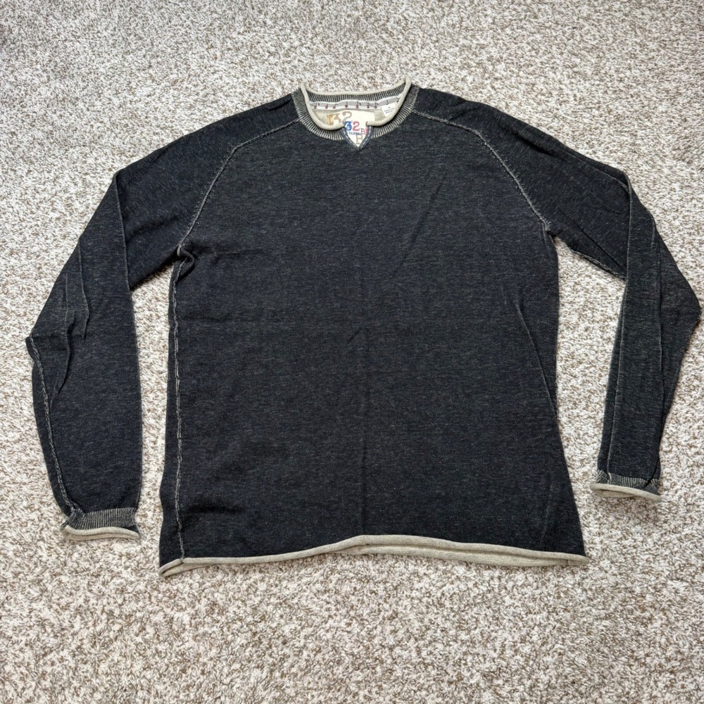 32 Bar Blues Sweater Medium Charcoal Gray Notched Neck Long Sleeve Raglan Knit